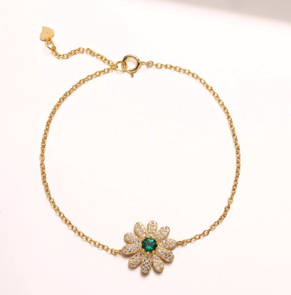 Lab Grown Emerald Bracelet Sunflower Sterling Silver Plated Yellow Gold (0.25ct)