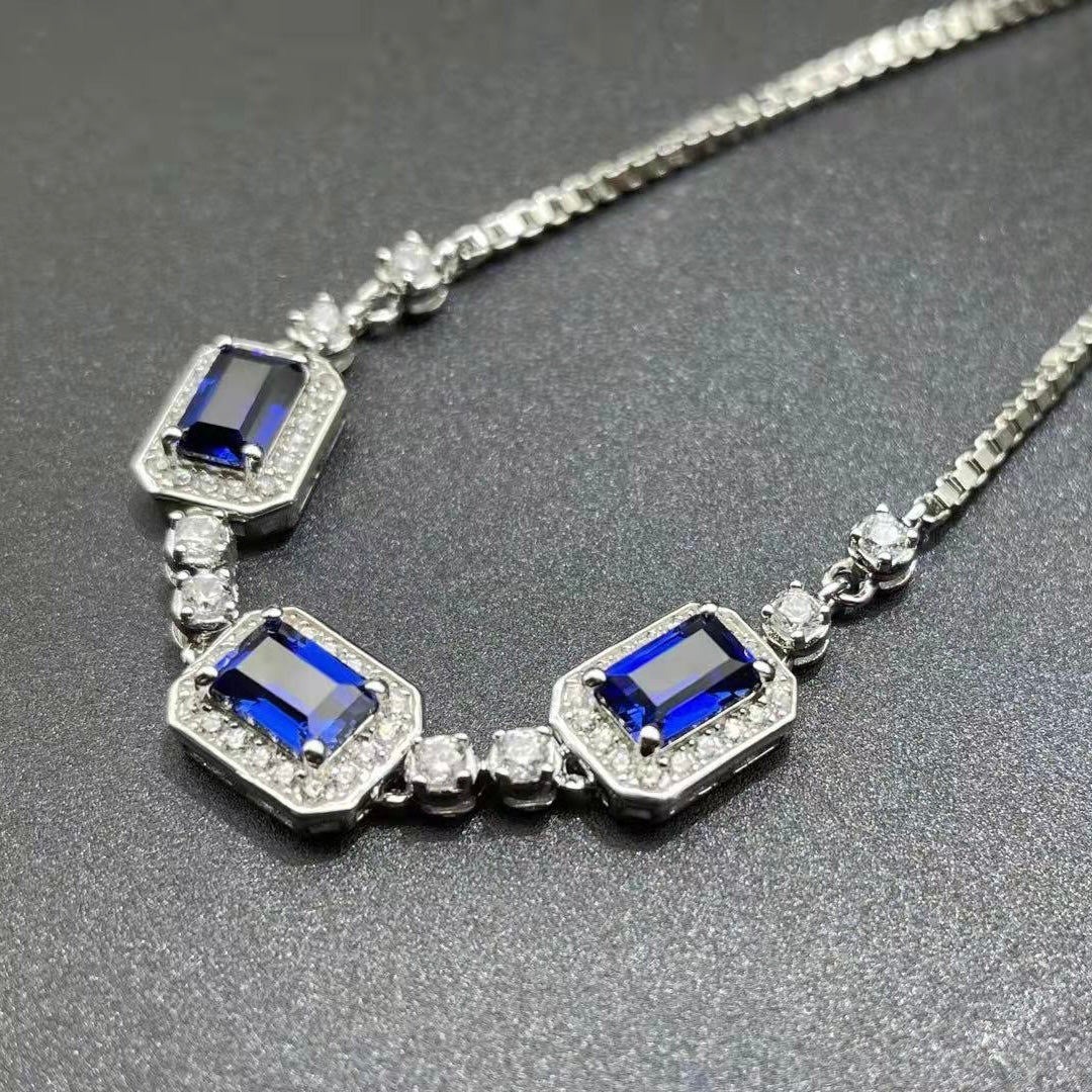 Lab Grown Sapphire Bracelet Emerald Cut Shape Classic Style Sterling Silver 925 Plated Platinum