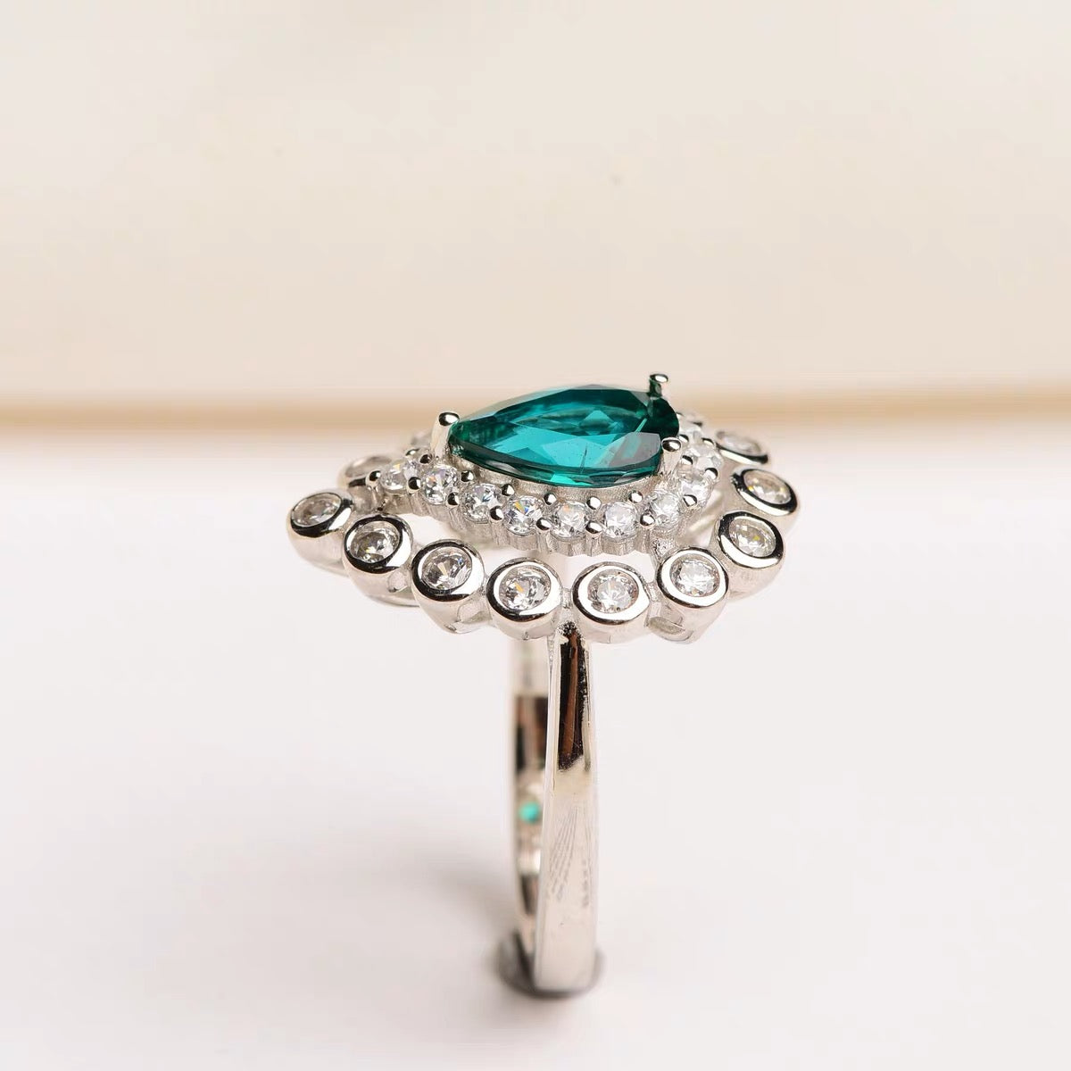 Lab Growth| Emerald Ring Pear Cut Sterling Silver Plated Platinum