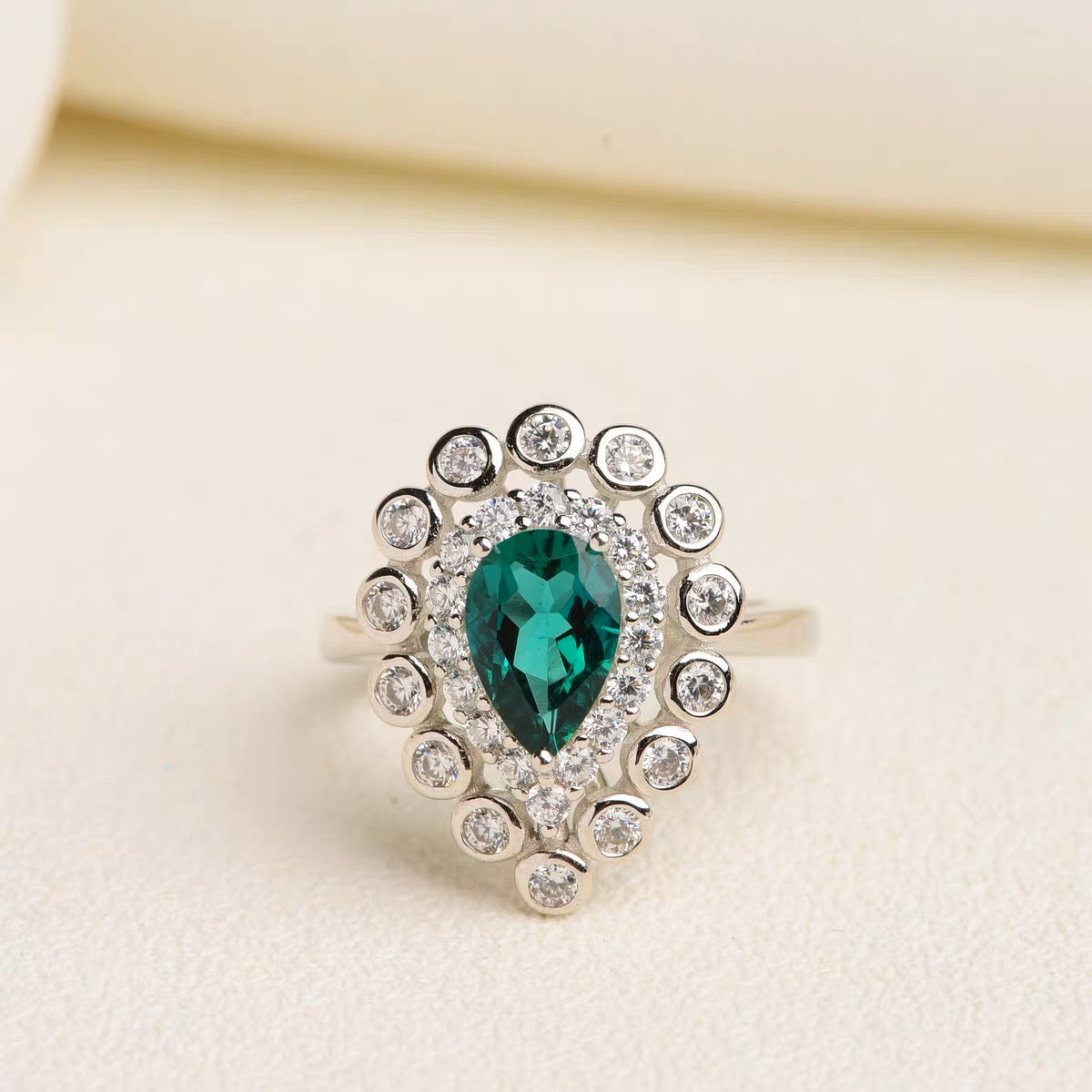 Lab Growth| Emerald Ring Pear Cut Sterling Silver Plated Platinum