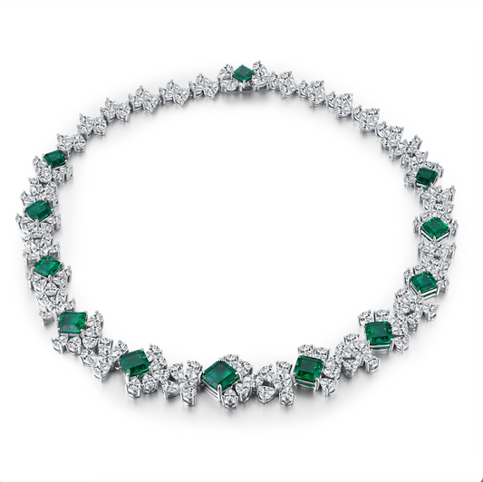 Lab Grown Emerald: 100 Carat Emerald Necklace | S925 Plated White Gold