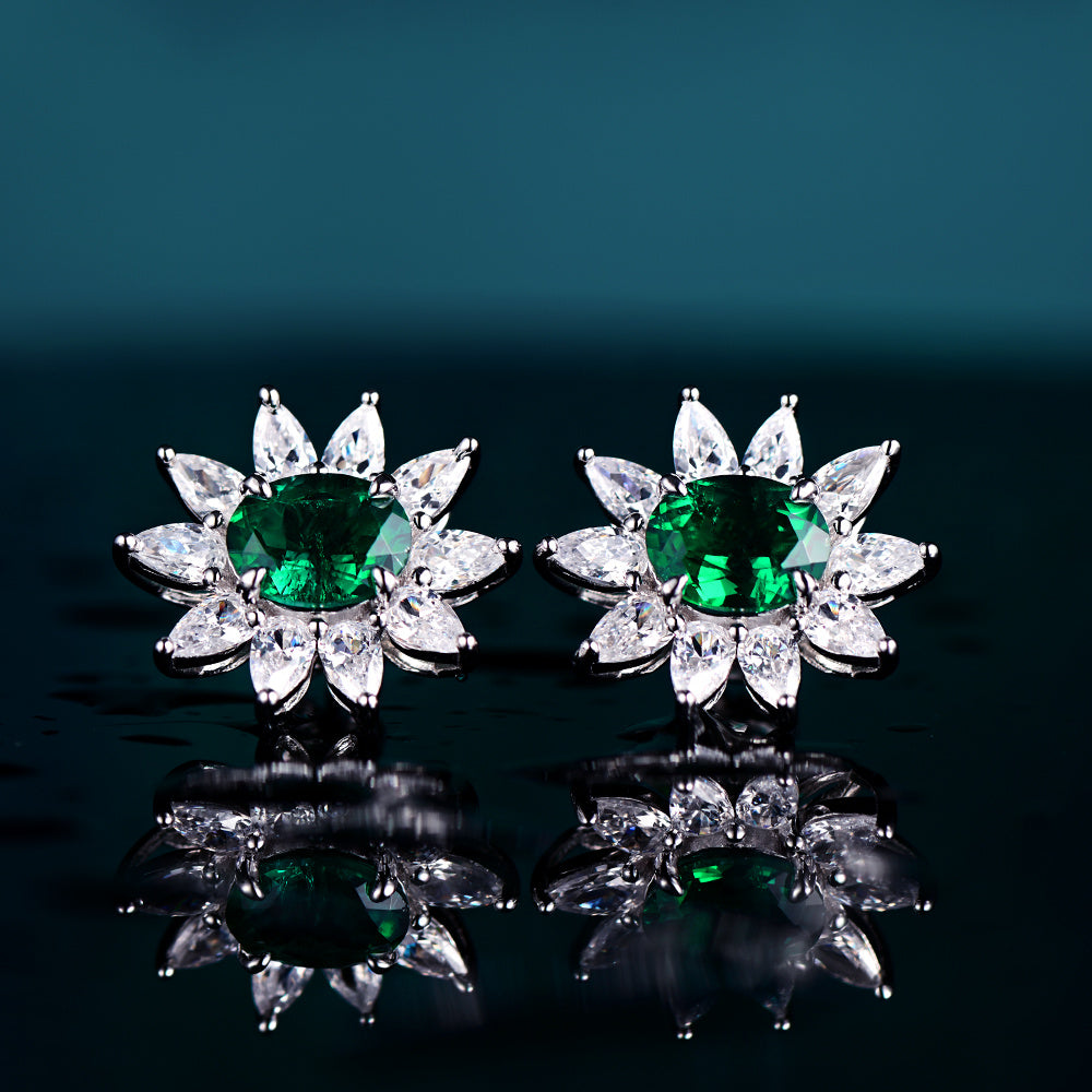 Lab Grown | Emerald Sunflower Delicate Earrings For Ladies Earrings