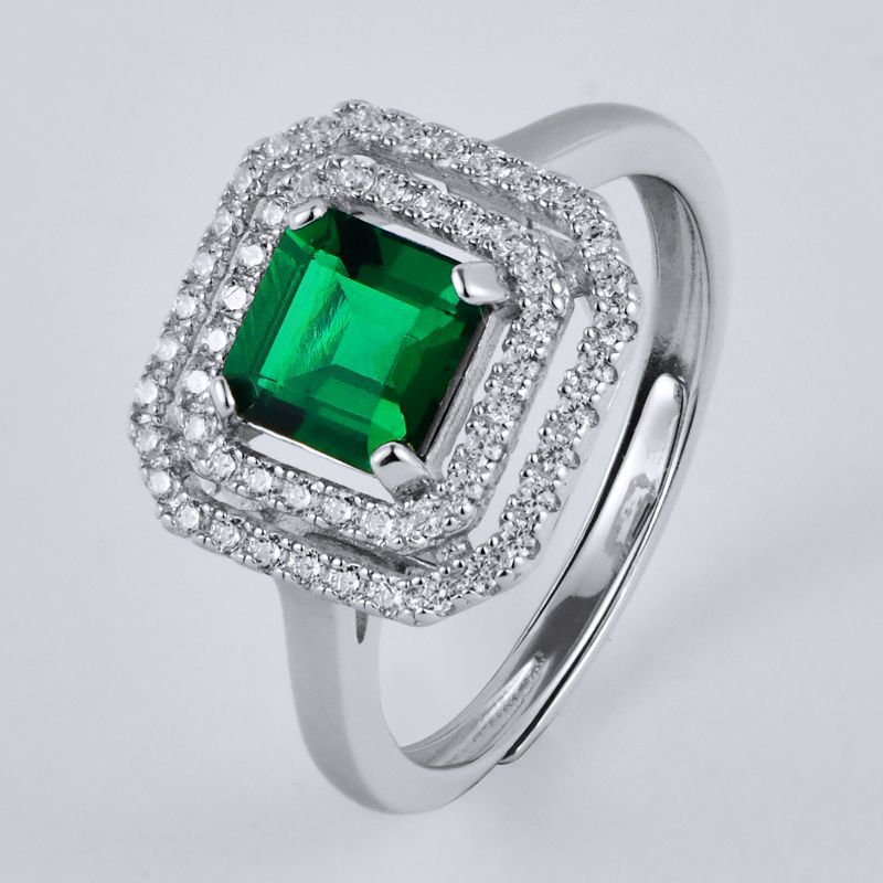Lab Growth Emerald Square Ring with Halo Sterling Silver Plated in Platinum