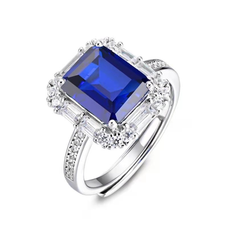 Lab Grown Sapphire Ring Emerald Cut Shape Classic Style Simple Ring(4.2ct) Sterling Silver 925 Plated Platinum