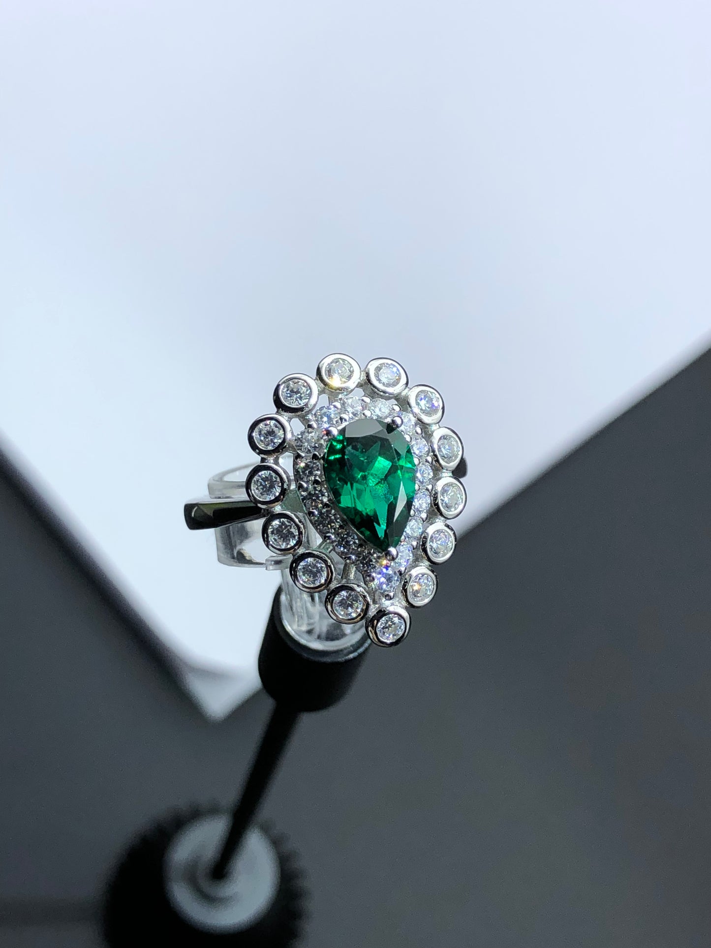 Lab Growth| Emerald Ring Pear Cut Sterling Silver Plated Platinum