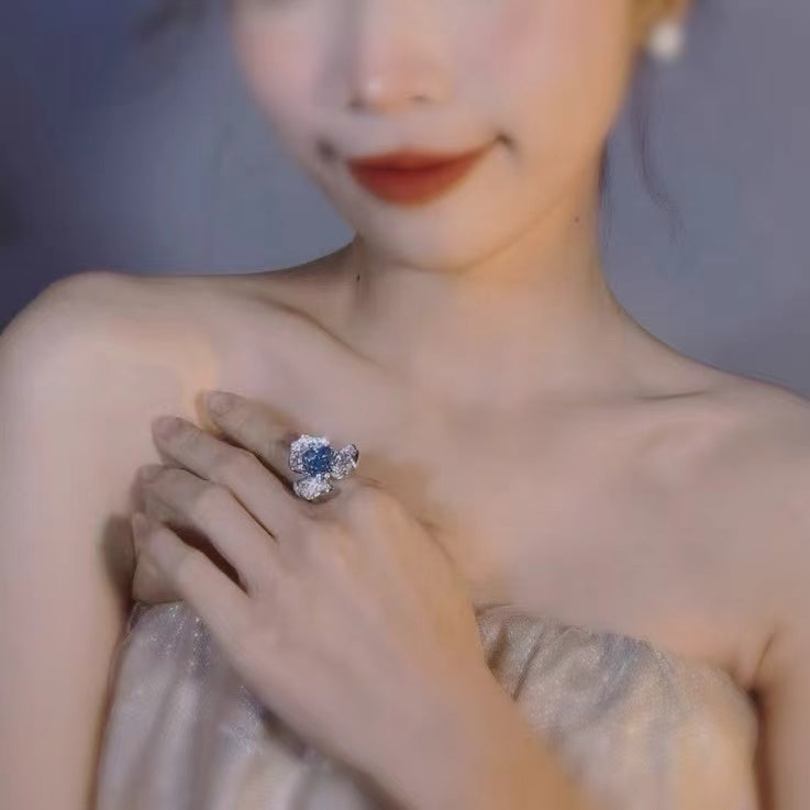 Radiant Cut Blue Zircon Flower Shape Designer Ring in Sterling Sliver Plated White Gold