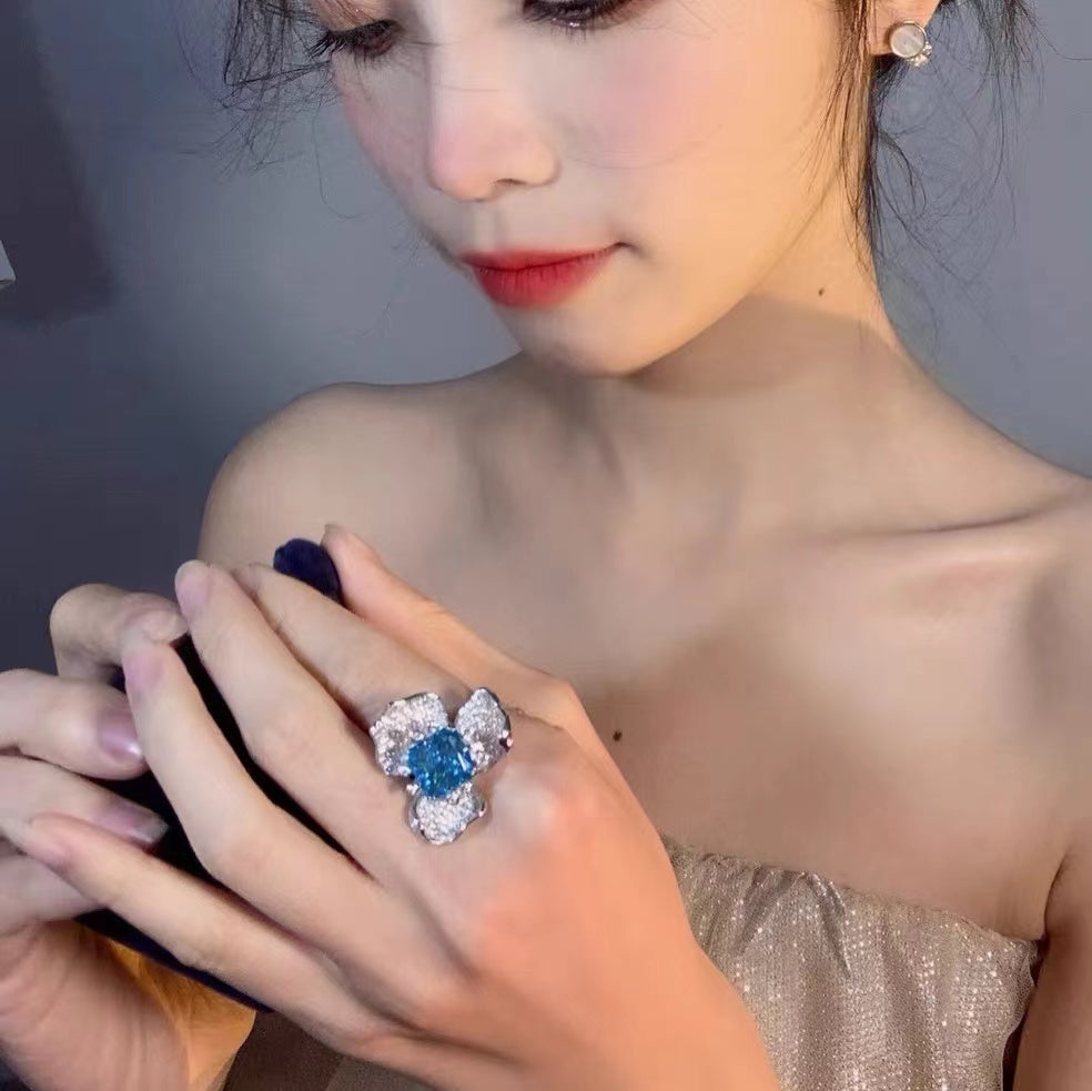 Radiant Cut Blue Zircon Flower Shape Designer Ring in Sterling Sliver Plated White Gold