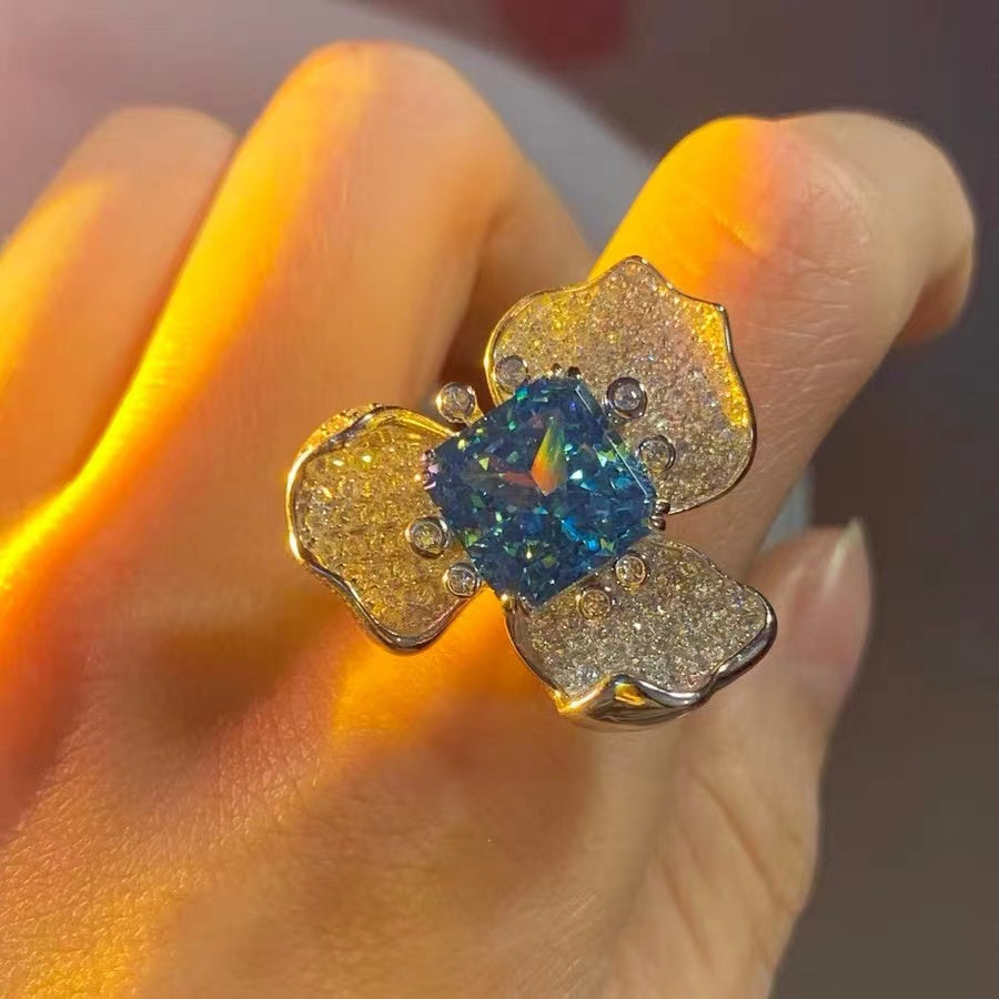 Radiant Cut Blue Zircon Flower Shape Designer Ring in Sterling Sliver Plated White Gold