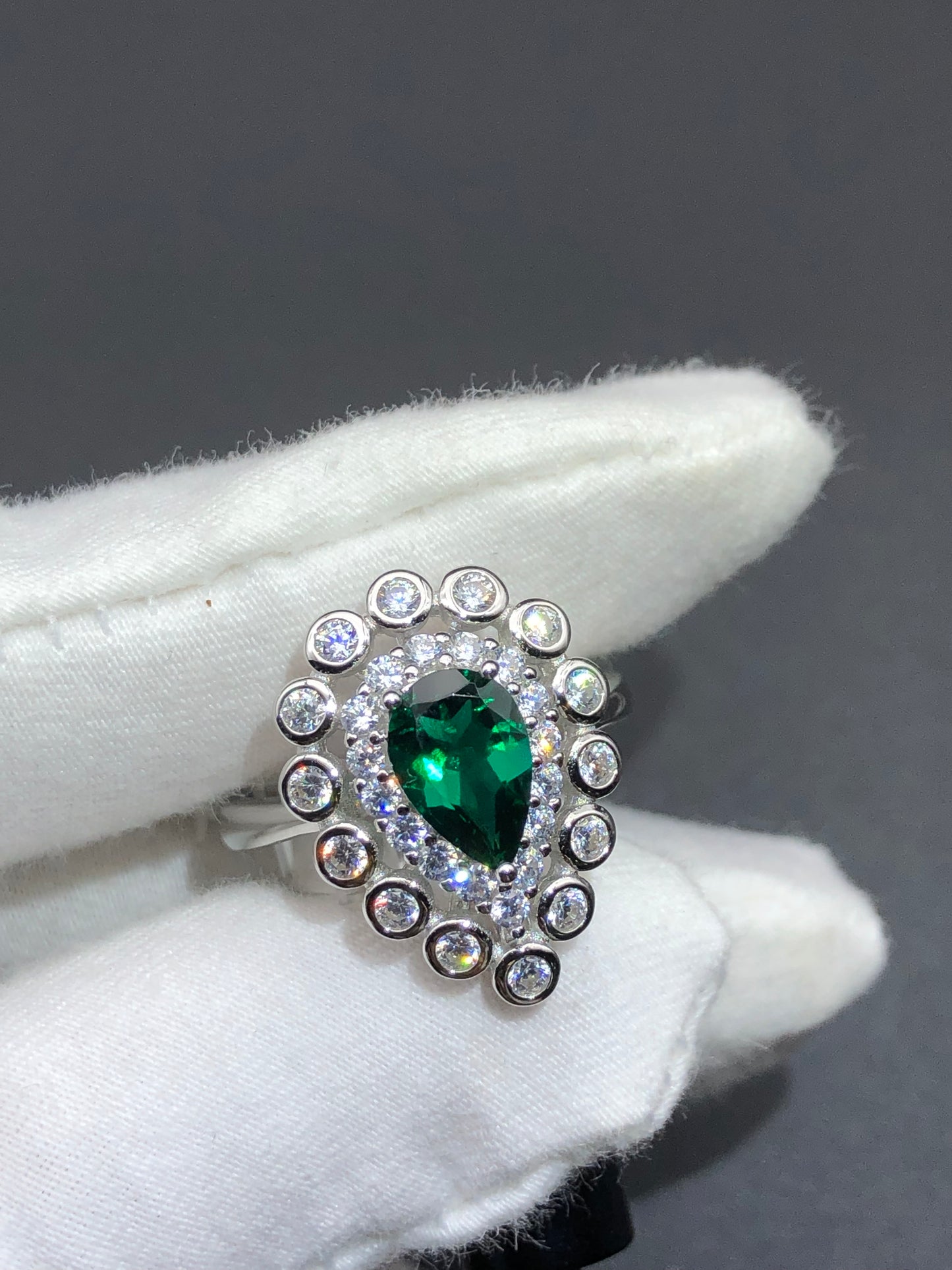 Lab Growth| Emerald Ring Pear Cut Sterling Silver Plated Platinum