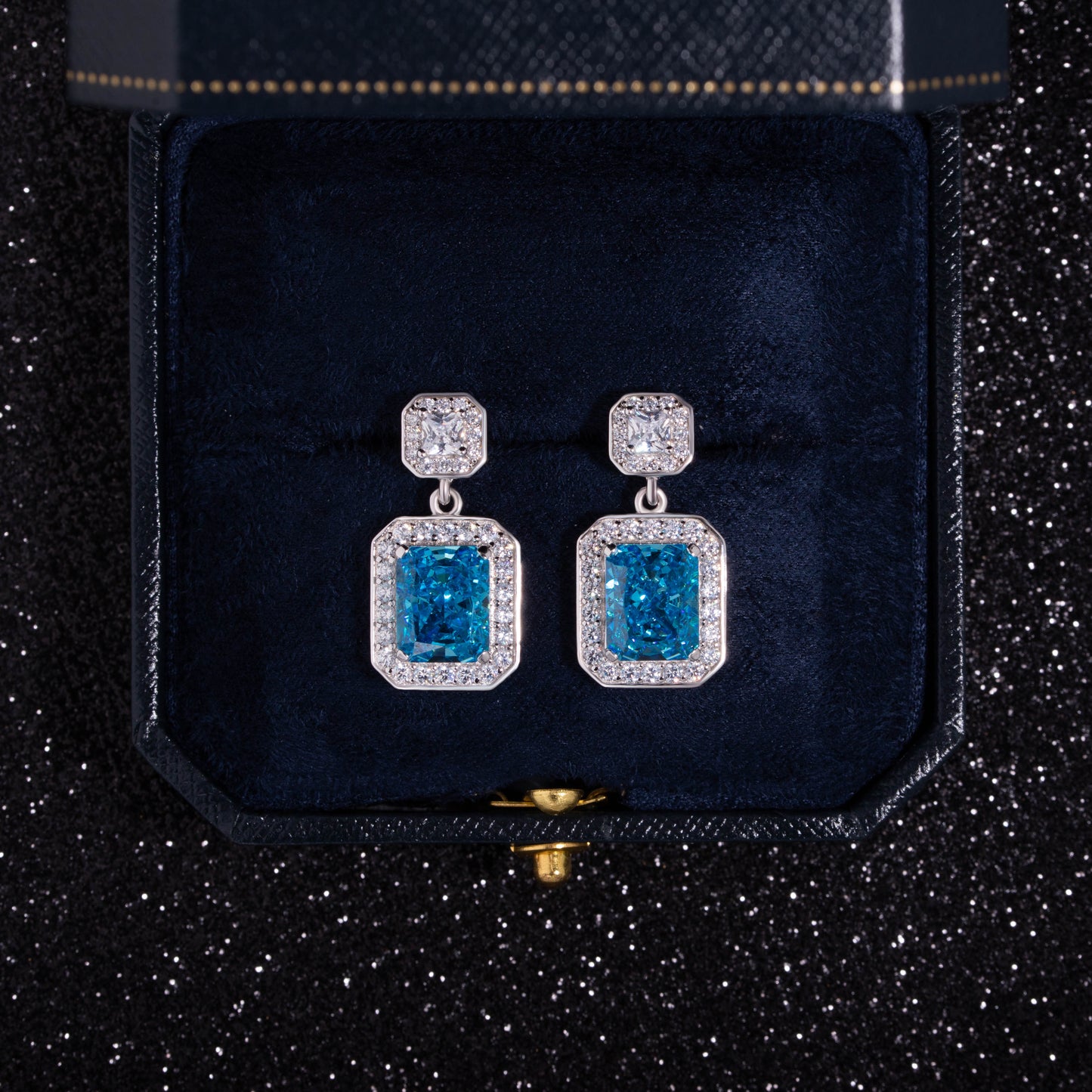 Radiant Cutting Blue Zircon Earring in Sterling Silver
