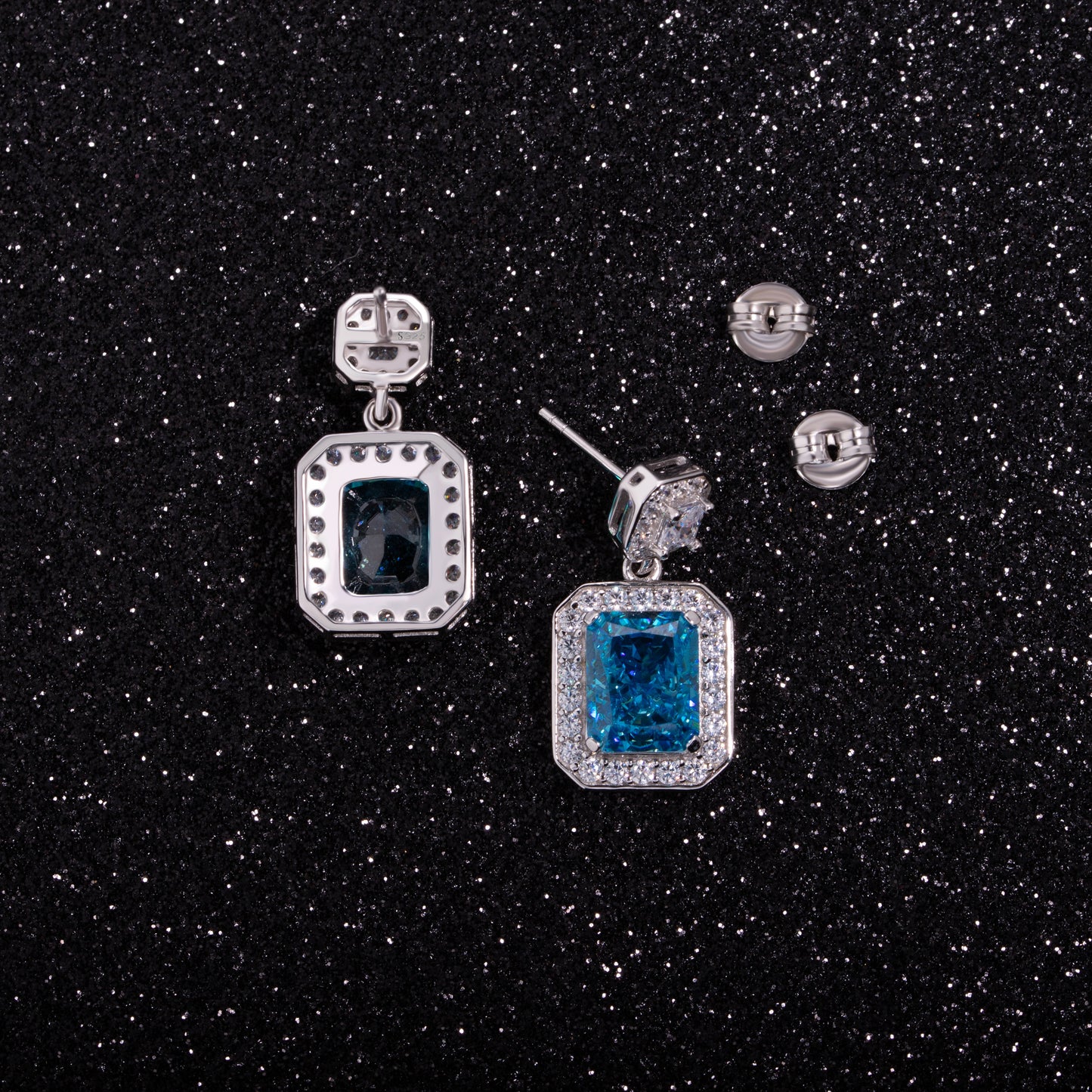 Radiant Cutting Blue Zircon Earring in Sterling Silver