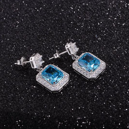 Radiant Cutting Blue Zircon Earring in Sterling Silver