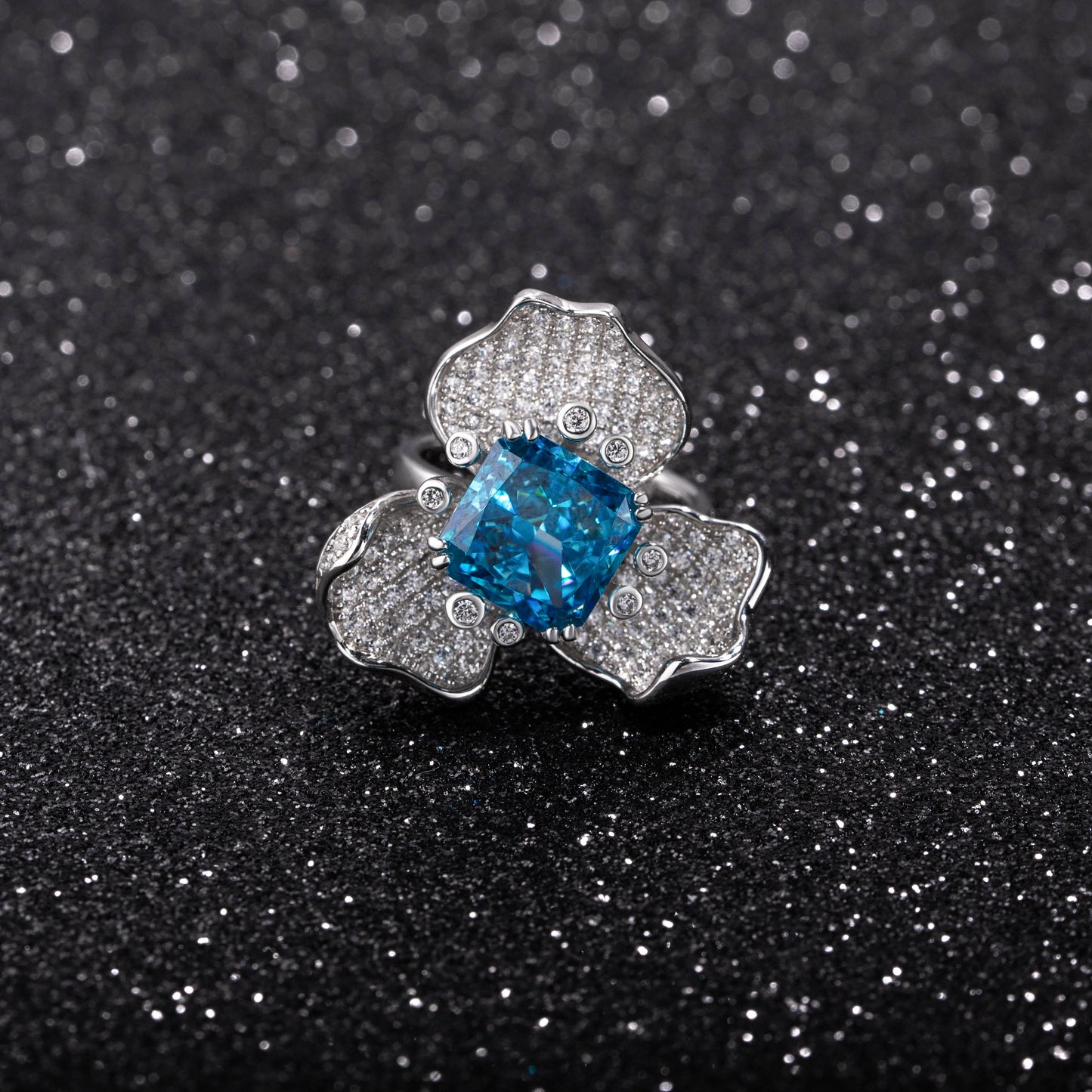 Radiant Cut Blue Zircon Flower Shape Designer Ring in Sterling Sliver Plated White Gold