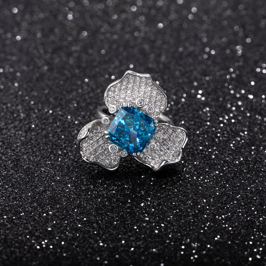Radiant Cut Blue Zircon Flower Shape Designer Ring in Sterling Sliver Plated White Gold