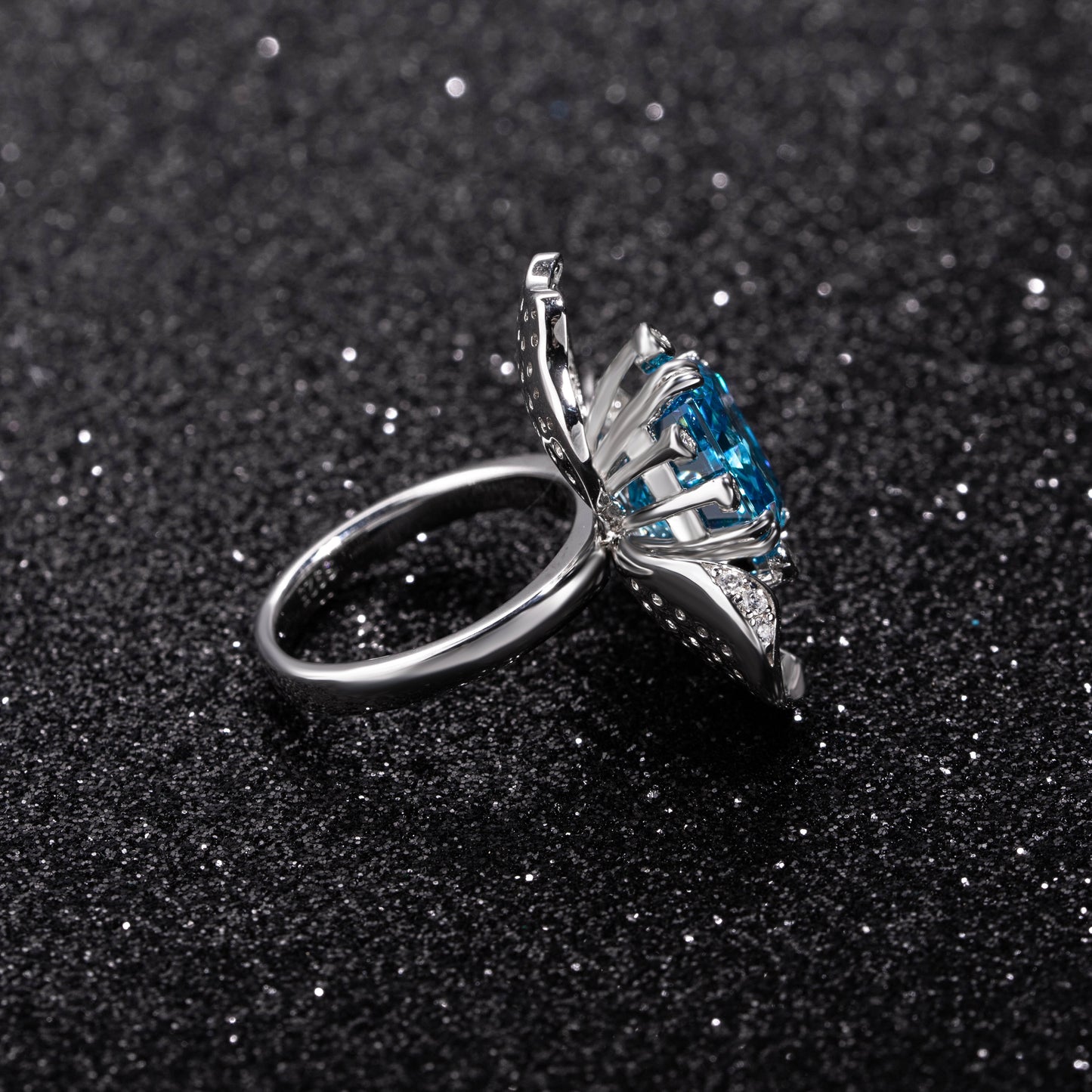 Radiant Cut Blue Zircon Flower Shape Designer Ring in Sterling Sliver Plated White Gold
