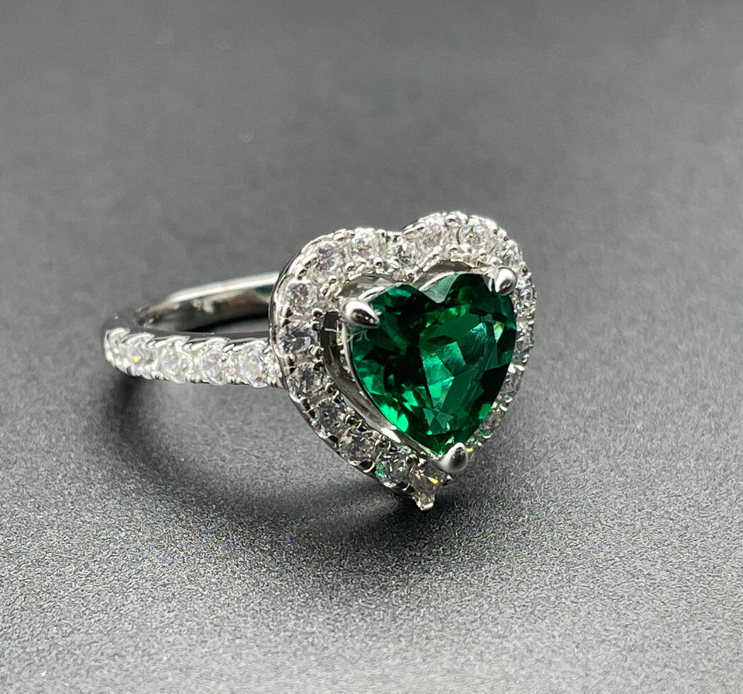 Lab Grown Emerald Heart Ring Heart Cut Shape Sterling Silver 925 Plated Platinum
