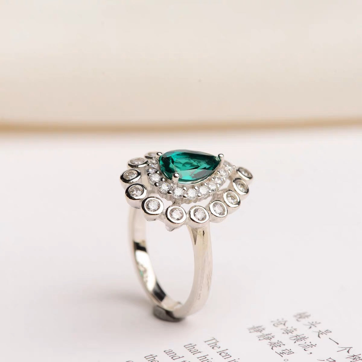 Lab Growth| Emerald Ring Pear Cut Sterling Silver Plated Platinum