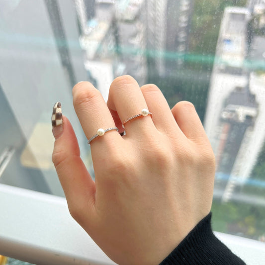 Pearl Ring | 925 Sterling Silver Plating Rose Gold Petite Delicate Zircon Solitaire Pearl Ring