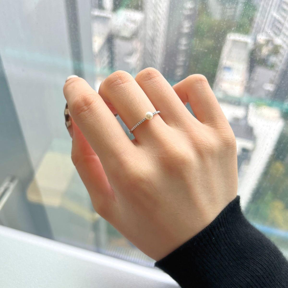Pearl Ring | 925 Sterling Silver Plating Rose Gold Petite Delicate Zircon Solitaire Pearl Ring