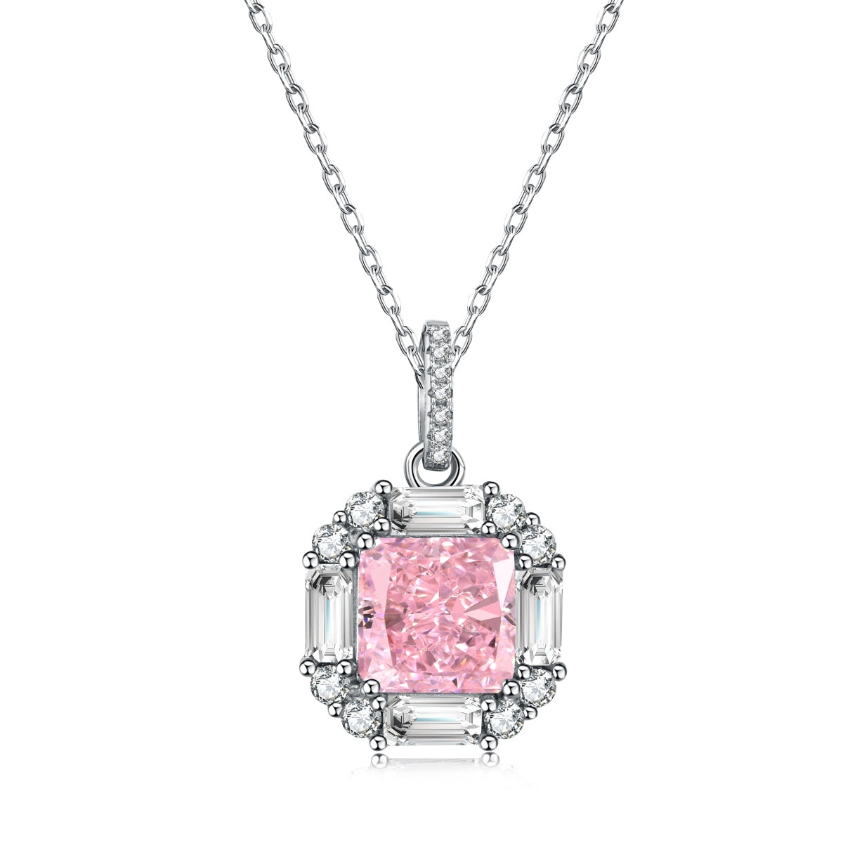 Square Necklace 8A CZ Sterling Silver Plated 18K White/Pink