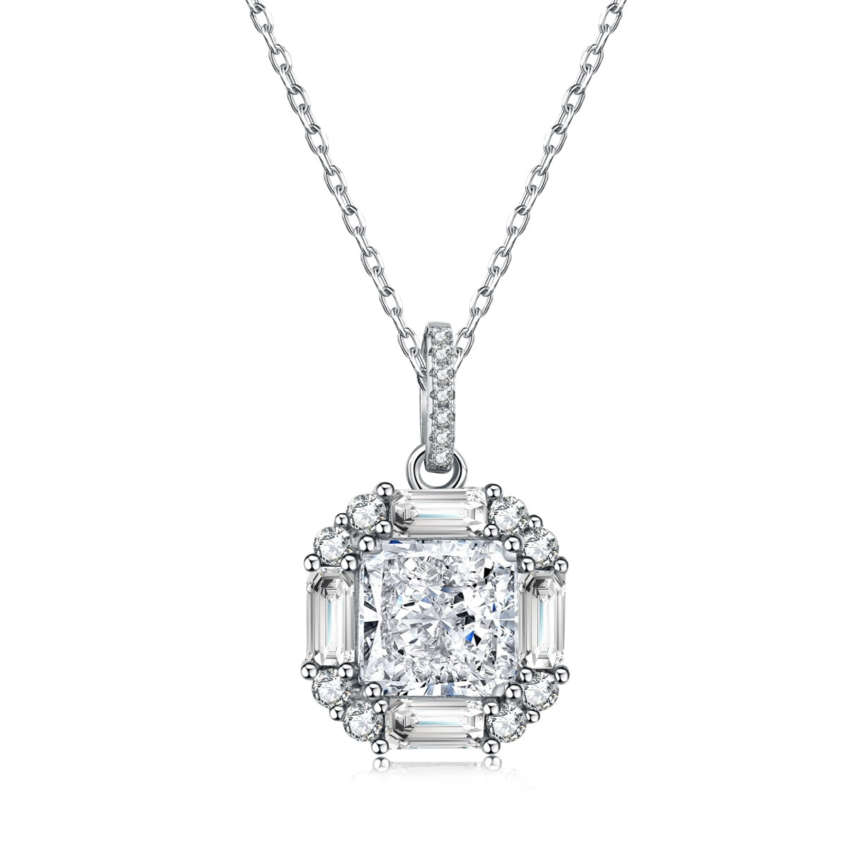 Square Necklace 8A CZ Sterling Silver Plated 18K White/Pink