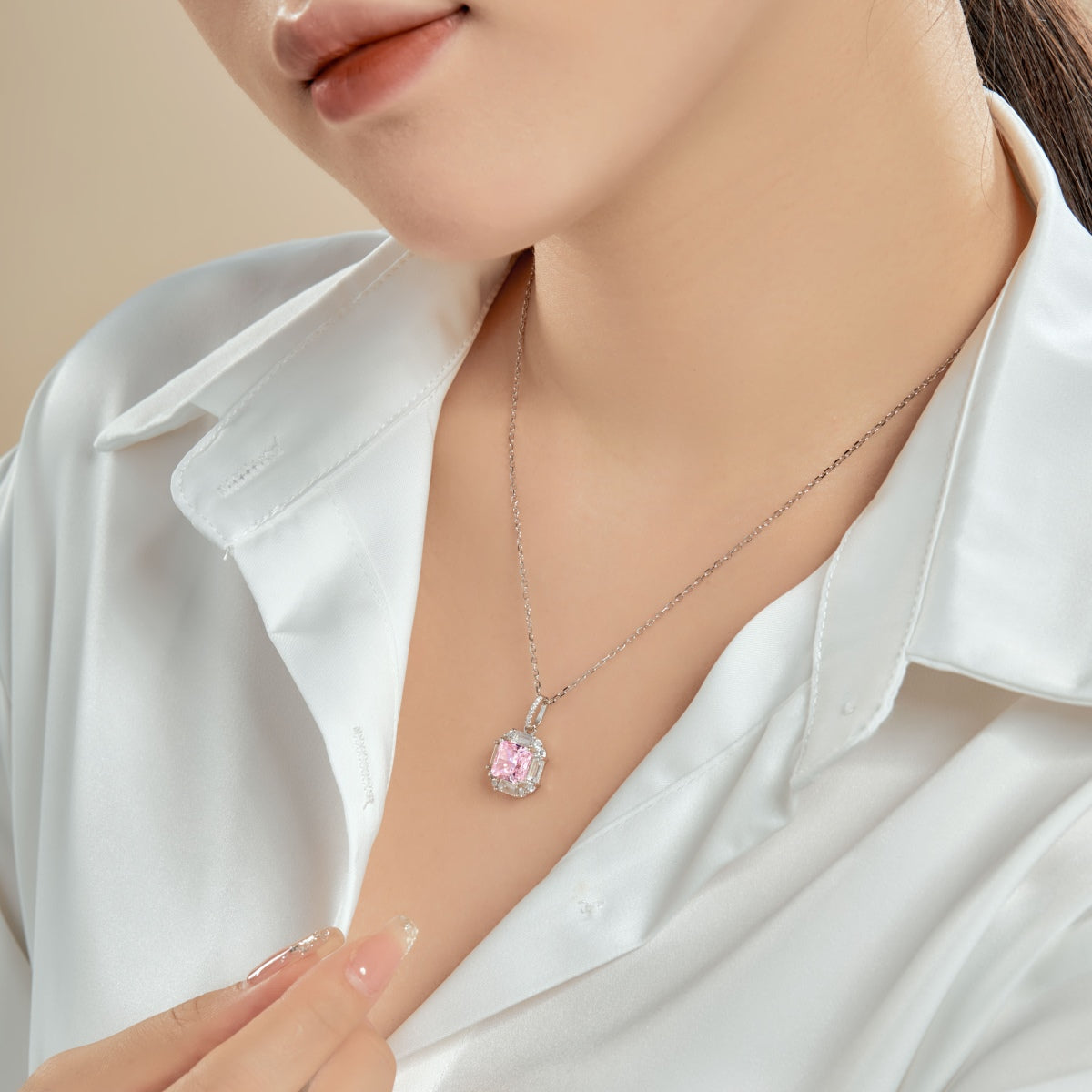 Square Necklace 8A CZ Sterling Silver Plated 18K White/Pink