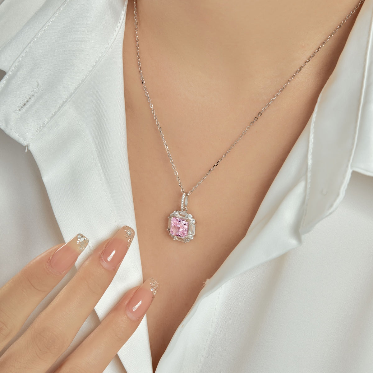 Square Necklace 8A CZ Sterling Silver Plated 18K White/Pink