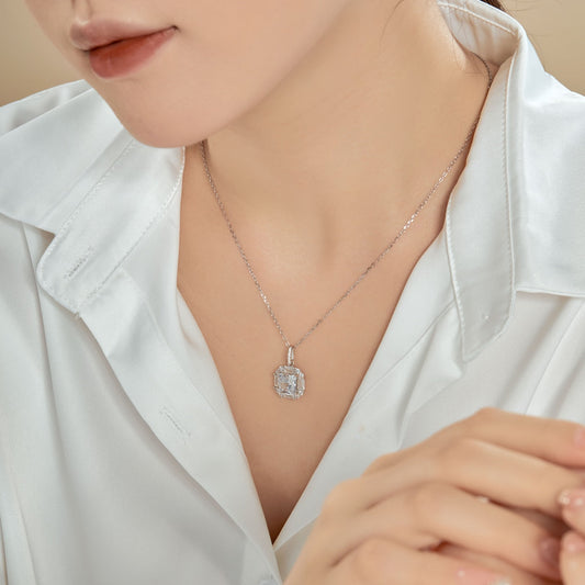 Square Necklace 8A CZ Sterling Silver Plated 18K White/Pink