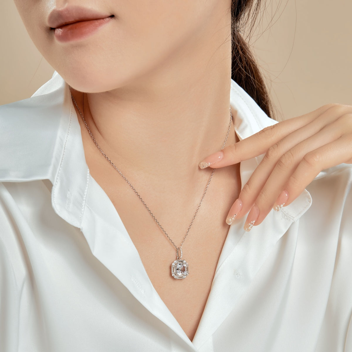 Square Necklace 8A CZ Sterling Silver Plated 18K White/Pink