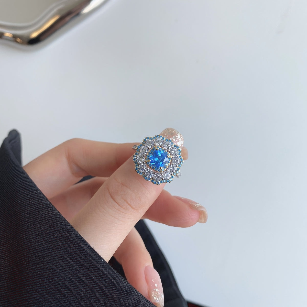 5A Cubic Zirconia | 925 Sterling Silver |  Vintage Blue Flower Ring | 0946