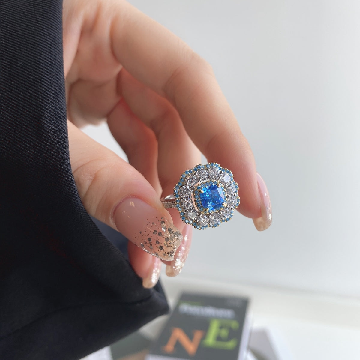 5A Cubic Zirconia | 925 Sterling Silver |  Vintage Blue Flower Ring | 0946
