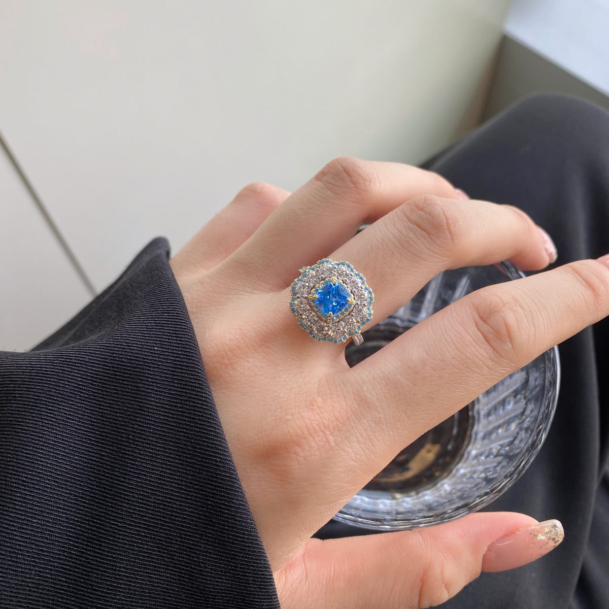 5A Cubic Zirconia | 925 Sterling Silver |  Vintage Blue Flower Ring | 0946