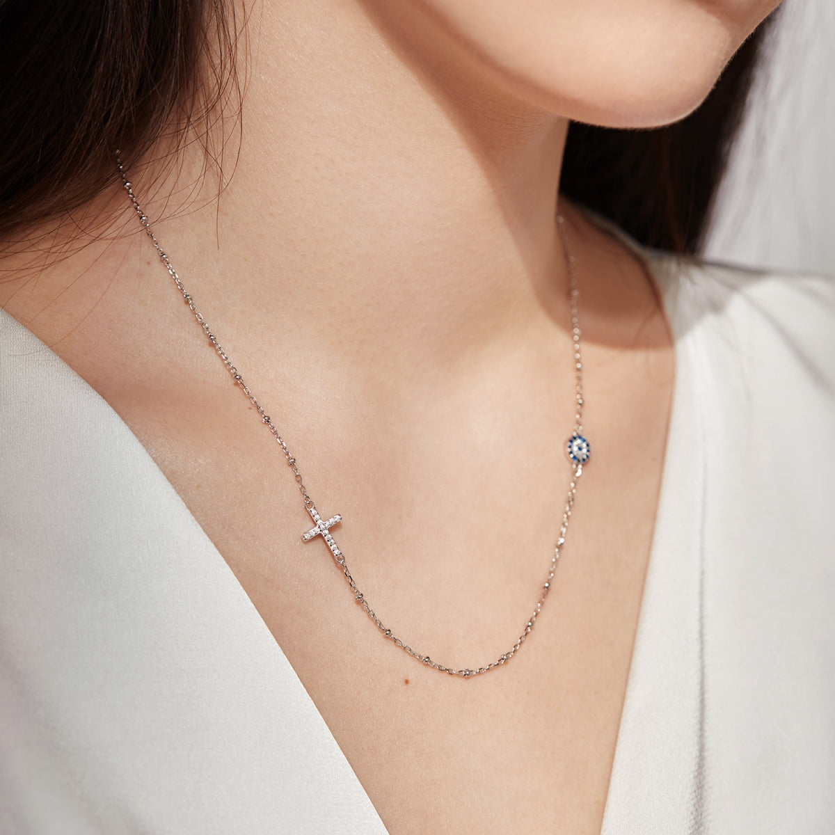 【Evil Eye】Necklace 925 Sterling Silver Plated White Gold