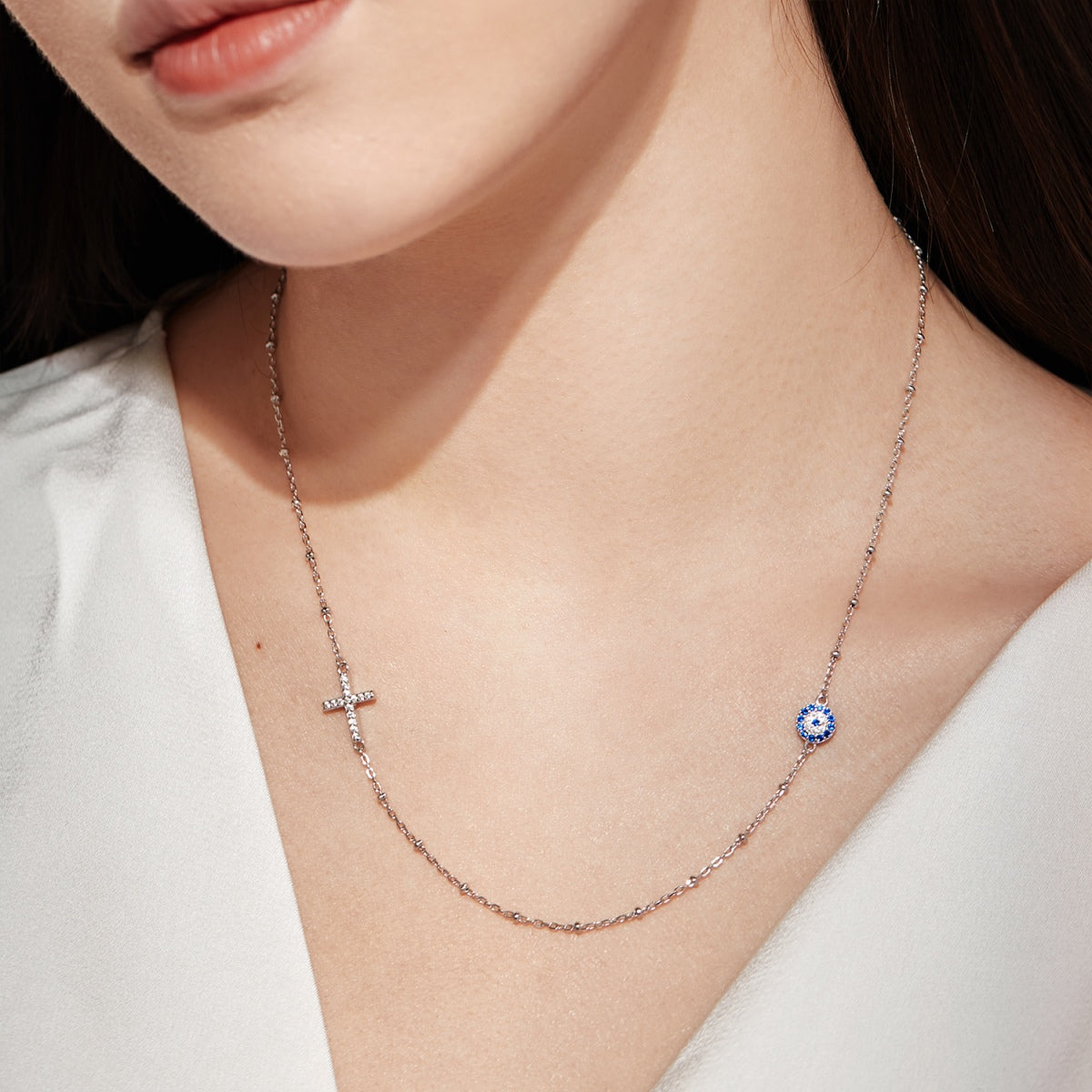 【Evil Eye】Necklace 925 Sterling Silver Plated White Gold