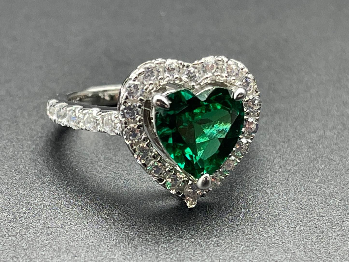 Lab Grown Emerald Heart Ring Heart Cut Shape Sterling Silver 925 Plated Platinum